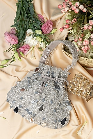 Silver Velvet Mirror Embellished Potli Bag by EENA