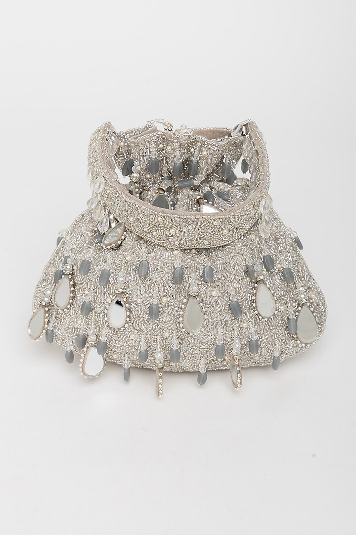 Silver Velvet Mirror Embellished Potli Bag by EENA at Pernia's Pop Up Shop