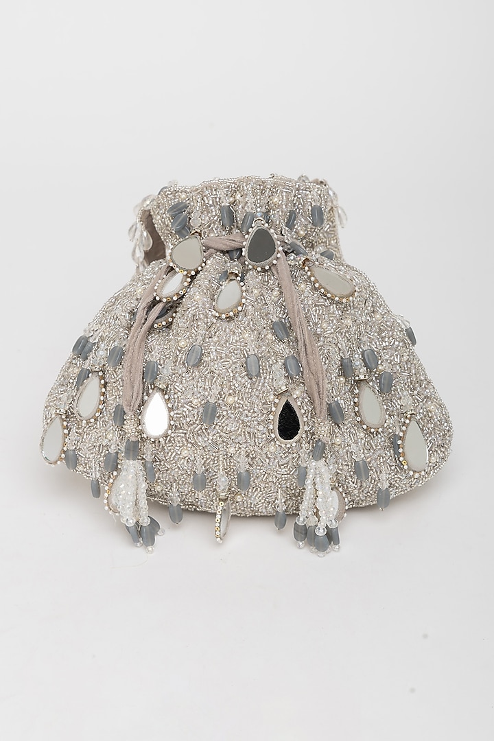 Silver Velvet Mirror Embellished Potli Bag by EENA at Pernia's Pop Up Shop
