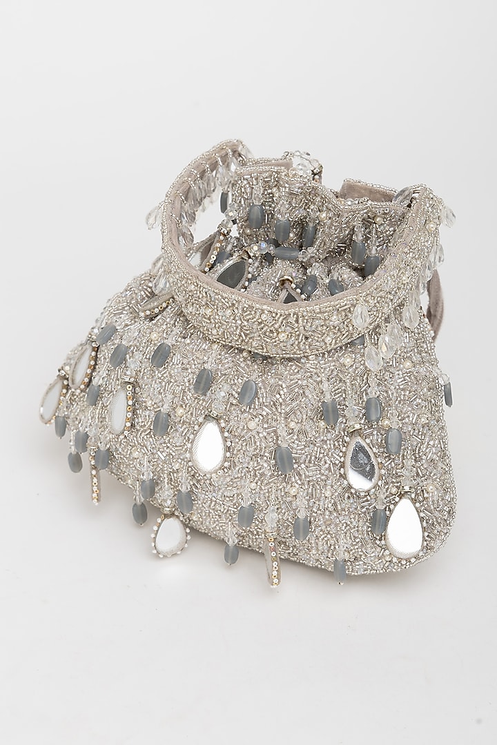 Silver Velvet Mirror Embellished Potli Bag by EENA at Pernia's Pop Up Shop