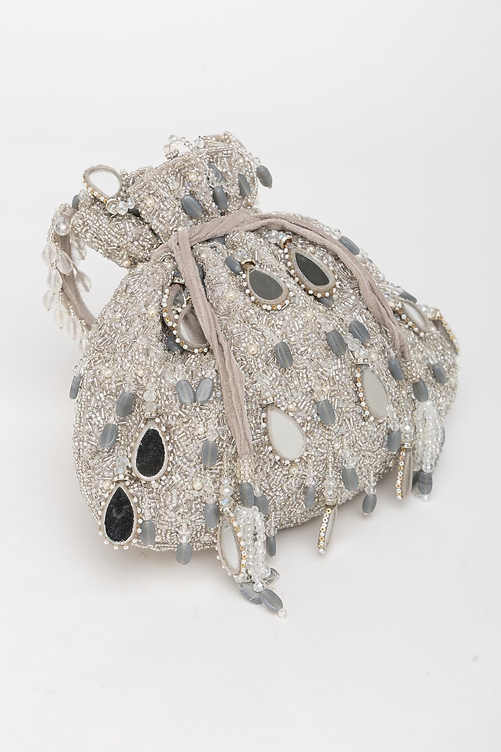 Silver Velvet Mirror Embellished Potli Bag by EENA at Pernia's Pop Up Shop