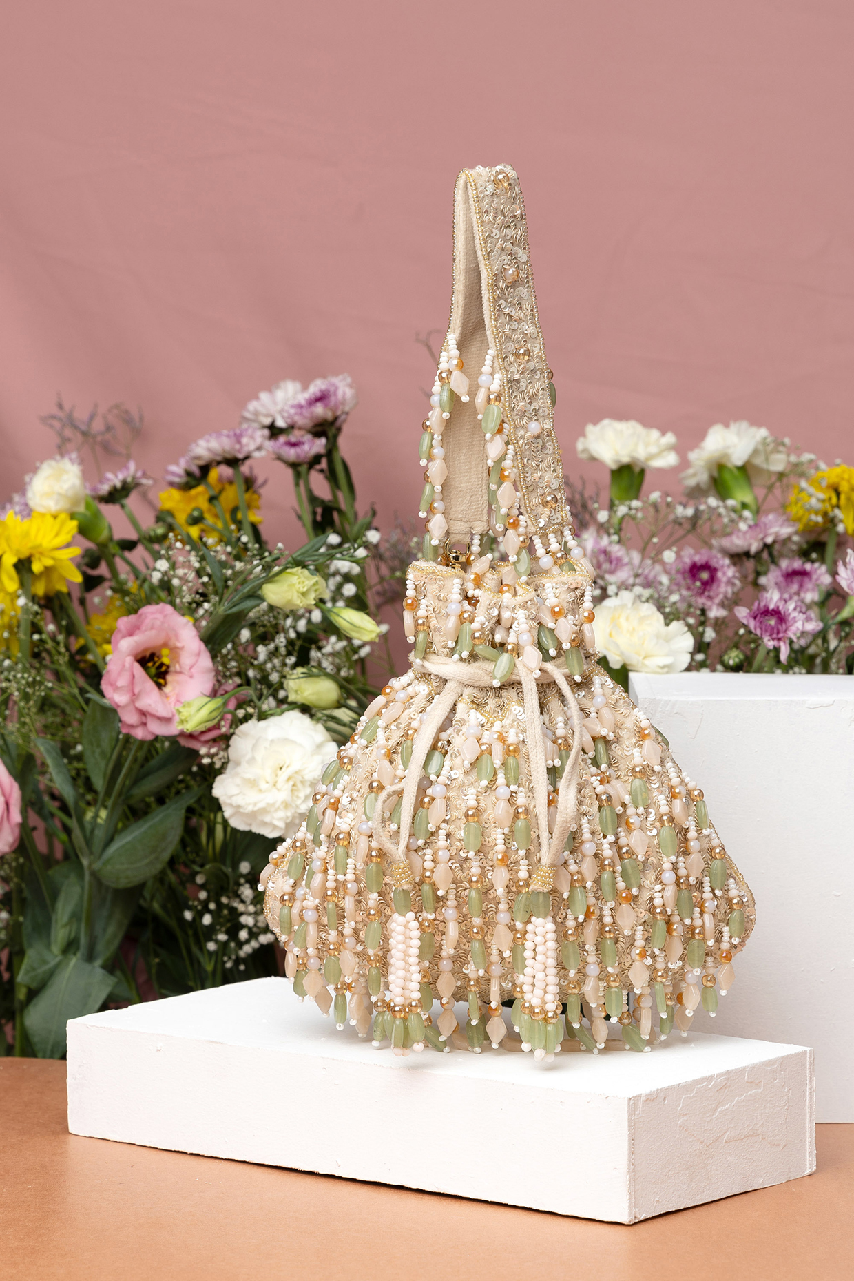 Beige Velvet Beadwork Potli Bag by EENA at Pernia's Pop Up Shop