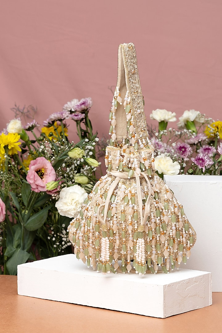 Beige Velvet Beadwork Potli Bag by EENA at Pernia's Pop Up Shop