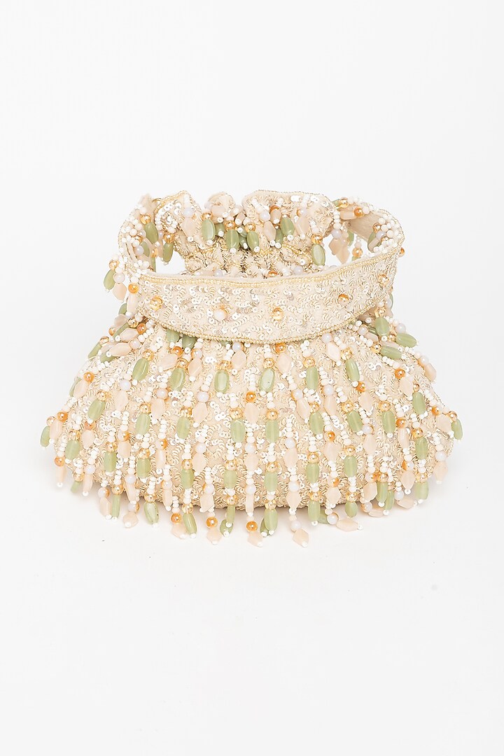 Beige Velvet Beadwork Potli Bag by EENA at Pernia's Pop Up Shop