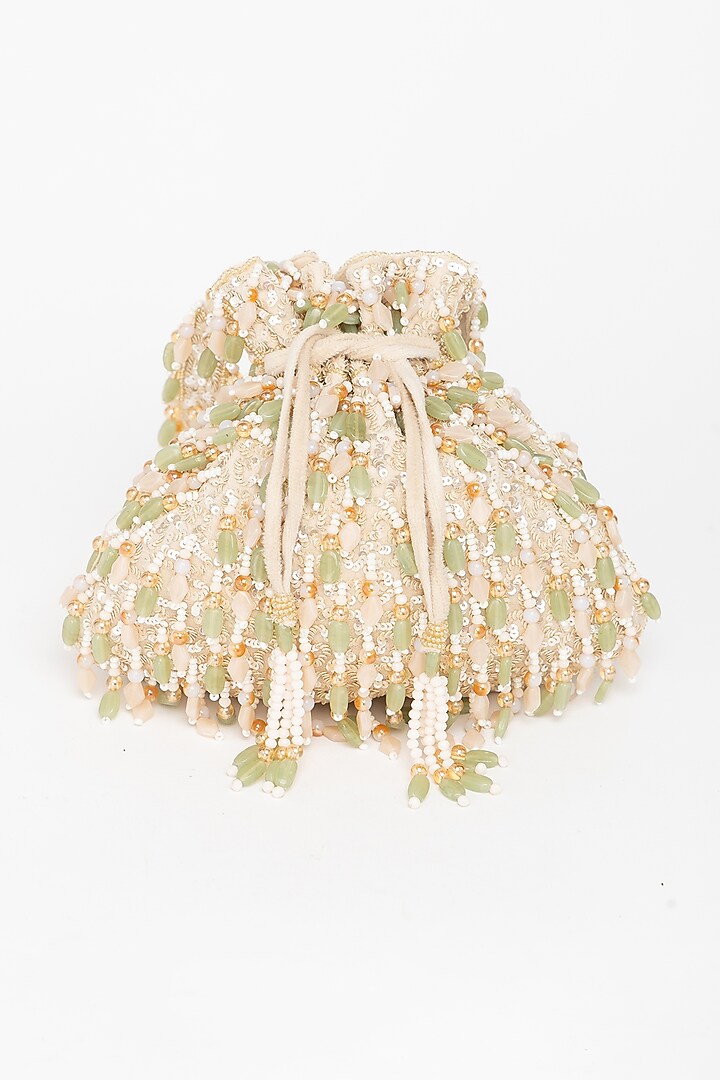 Beige Velvet Beadwork Potli Bag by EENA at Pernia's Pop Up Shop