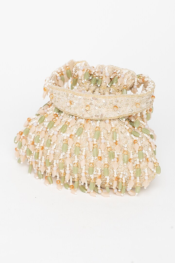 Beige Velvet Beadwork Potli Bag by EENA at Pernia's Pop Up Shop