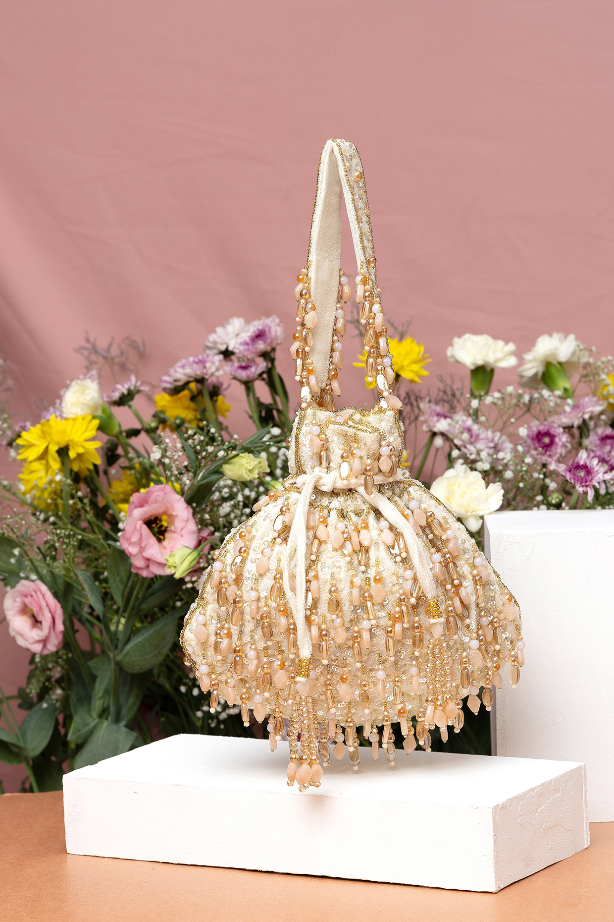 Fawn Gold Velvet Beadwork Potli Bag by EENA at Pernia's Pop Up Shop
