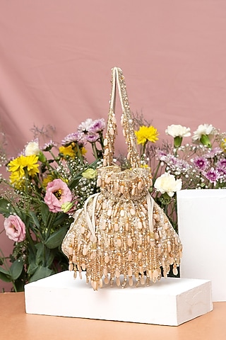 Gold Velvet Beadwork Potli Bag by EENA