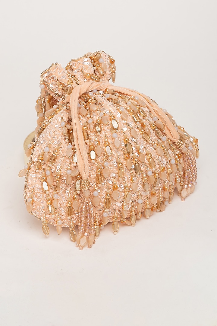 Pink Velvet Beadwork Potli Bag by EENA at Pernia's Pop Up Shop