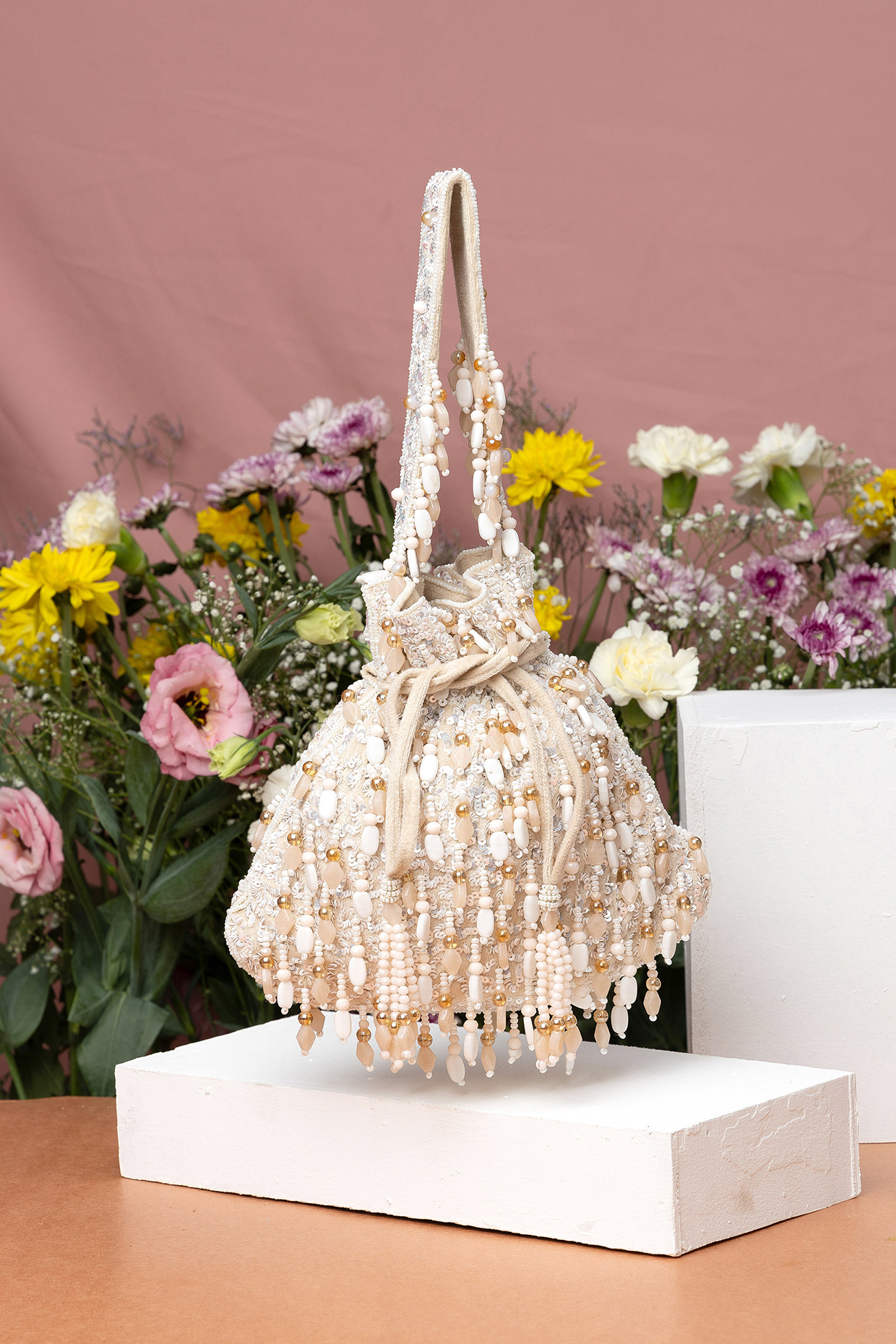 White Velvet Beadwork Potli Bag by EENA at Pernia's Pop Up Shop
