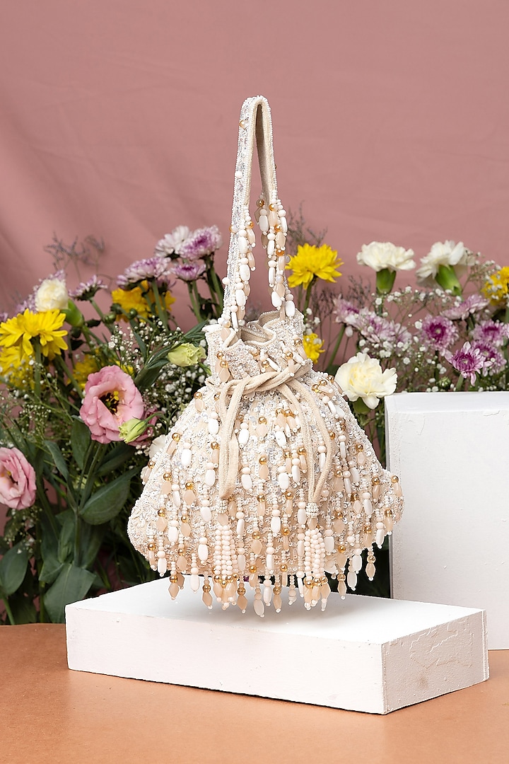 White Velvet Beadwork Potli Bag by EENA at Pernia's Pop Up Shop