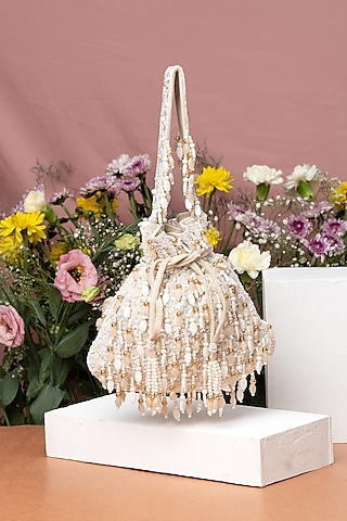 White Velvet Beadwork Potli Bag by EENA