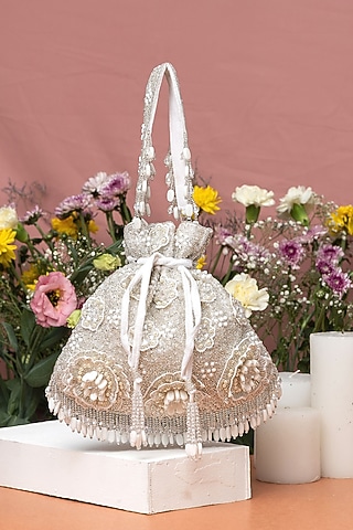 White Velvet Bead Embellished Potli Bag by EENA