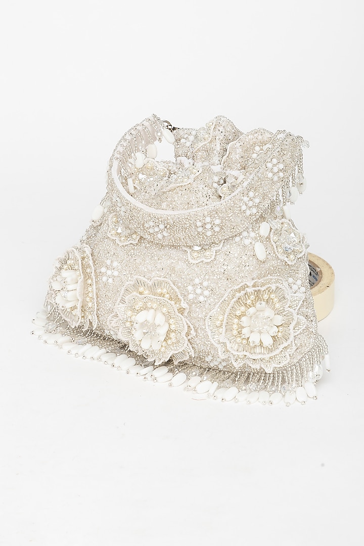 White Velvet Bead Embellished Potli Bag by EENA at Pernia's Pop Up Shop
