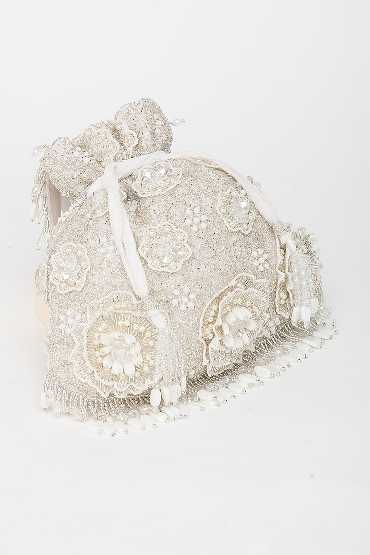 White Velvet Bead Embellished Potli Bag by EENA at Pernia's Pop Up Shop