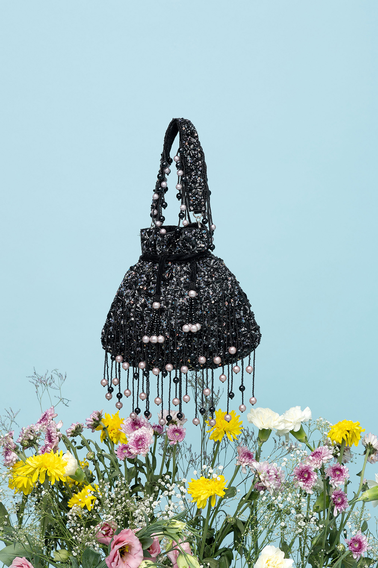 Black Velvet Crystal Embellished Potli Bag by EENA at Pernia's Pop Up Shop