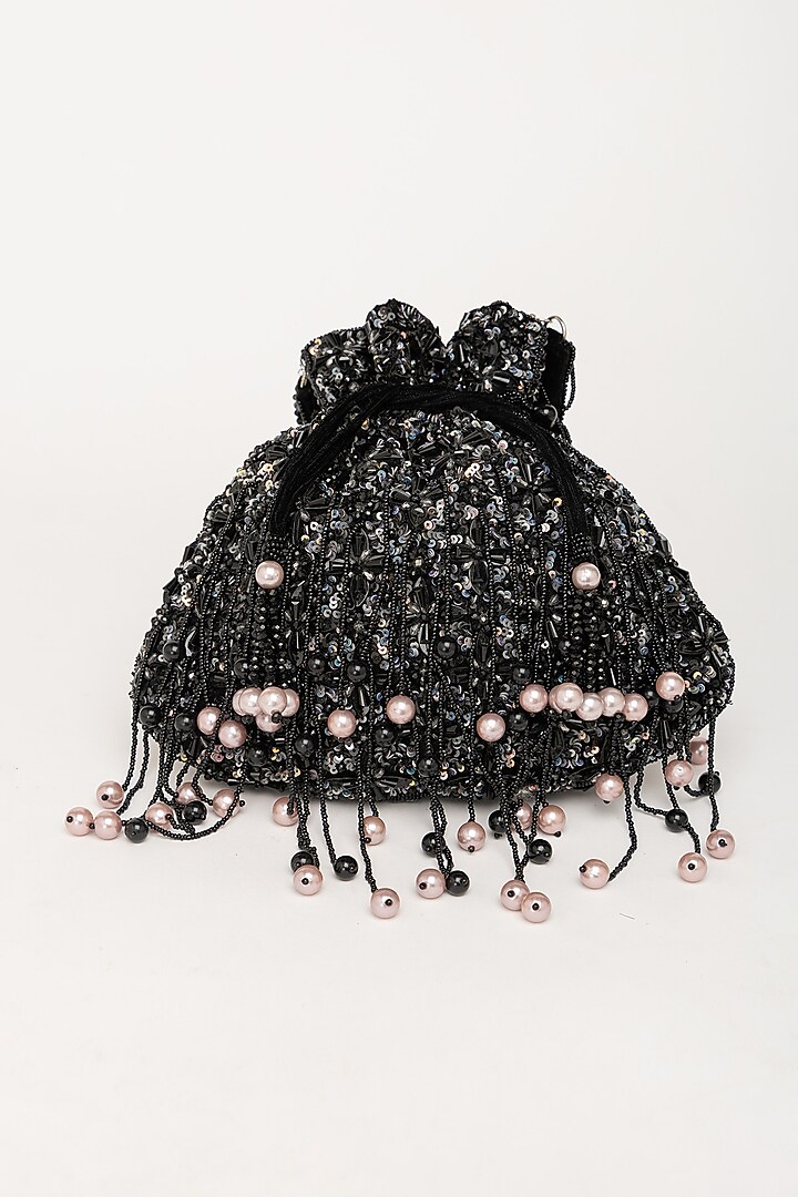 Black Velvet Crystal Embellished Potli Bag by EENA at Pernia's Pop Up Shop