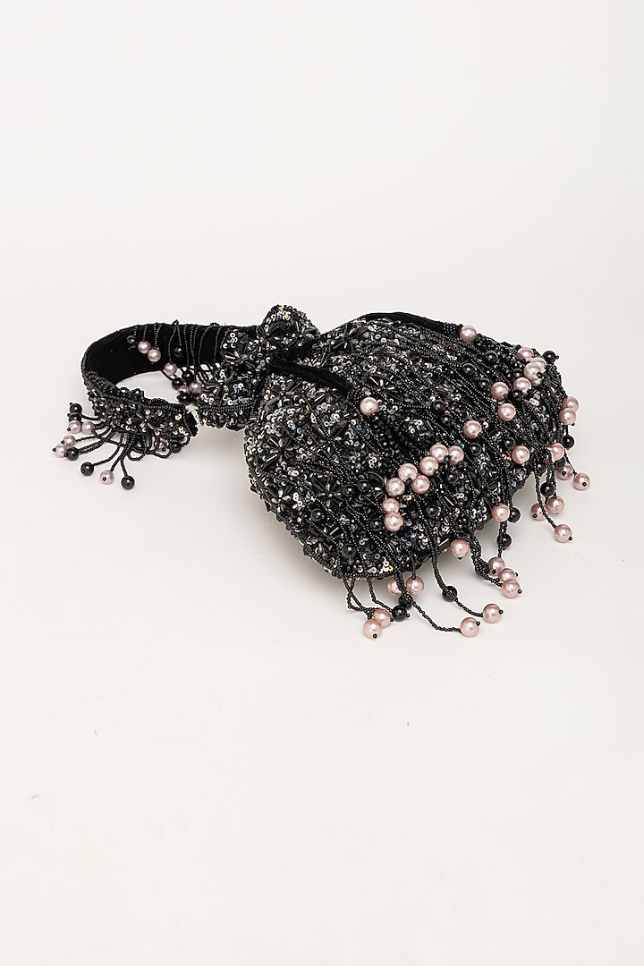 Black Velvet Crystal Embellished Potli Bag by EENA at Pernia's Pop Up Shop
