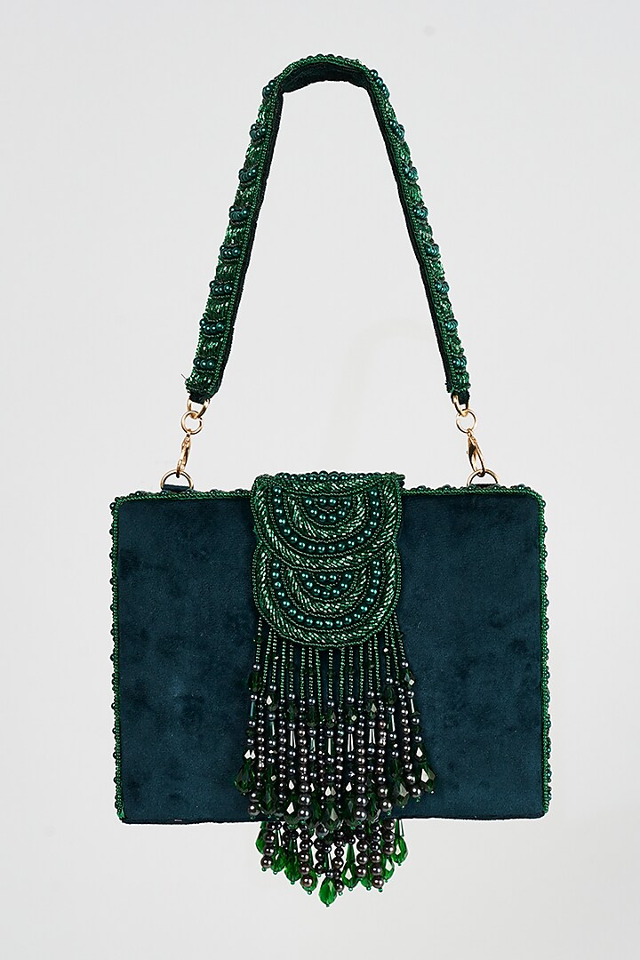 Green Faux Suede Hand Embroidered Clutch by EENA