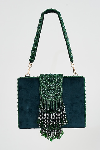 Green Faux Suede Hand Embroidered Clutch by EENA