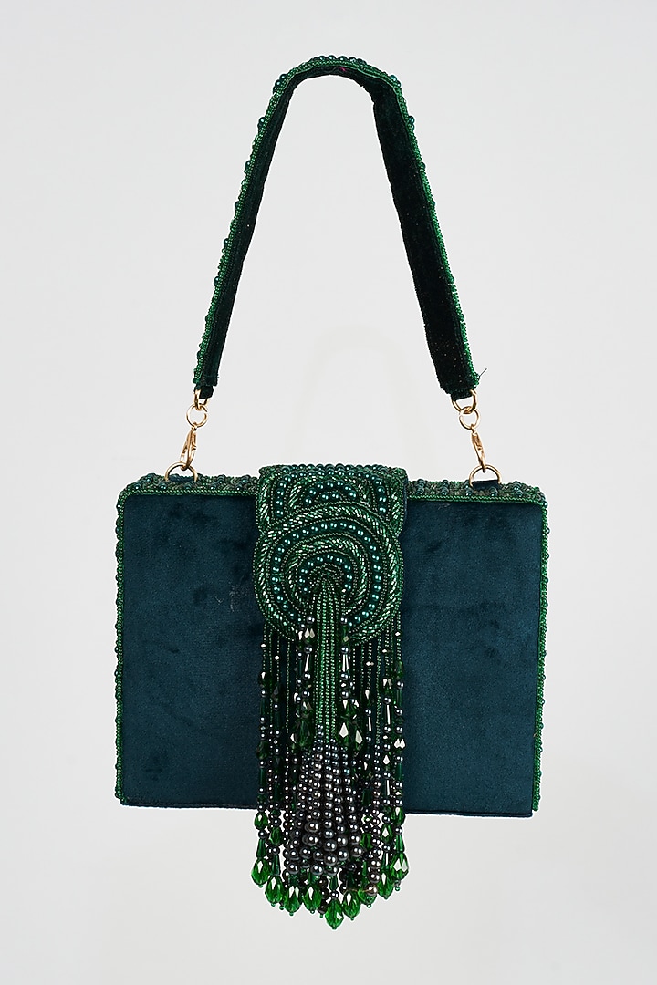 Green Faux Suede Hand Embroidered Clutch by EENA at Pernia's Pop Up Shop