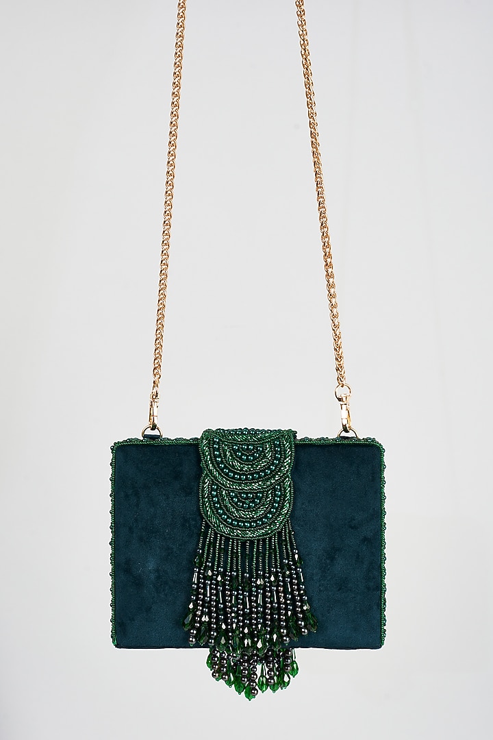 Green Faux Suede Hand Embroidered Clutch by EENA at Pernia's Pop Up Shop