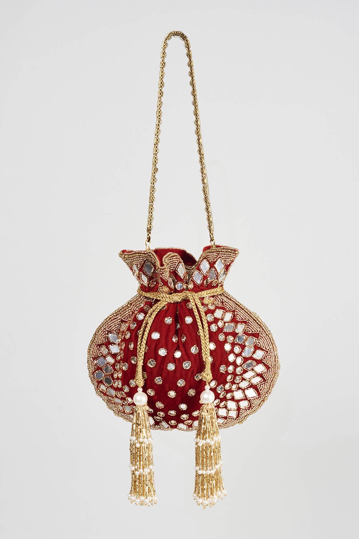 Maroon Velvet Embellished Potli by EENA