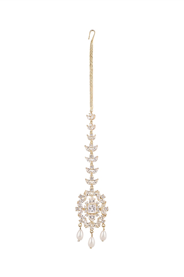 Gold Plated Cz Stone Maang Tikka by AETEE
