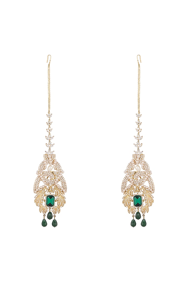 Gold Finish White & Deep Green Earrings by AETEE