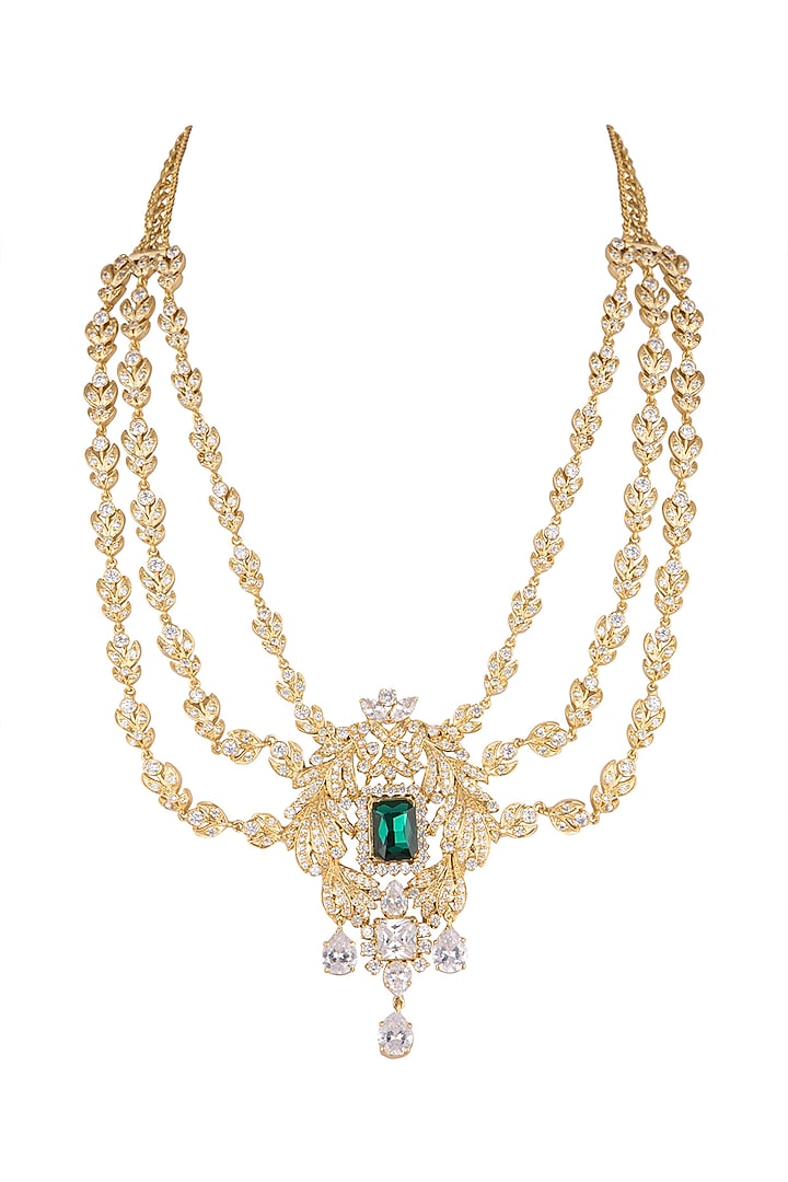 Gold Finish Cz Necklace With White & Green Stones by AETEE