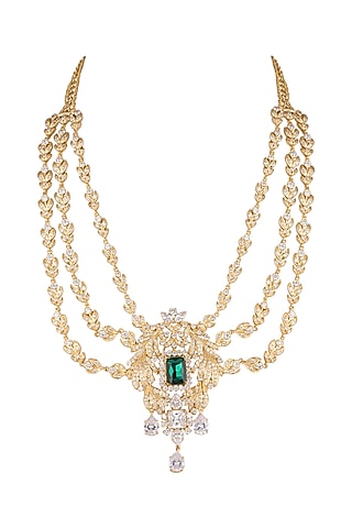 Gold Finish Cz Necklace With White & Green Stones by AETEE
