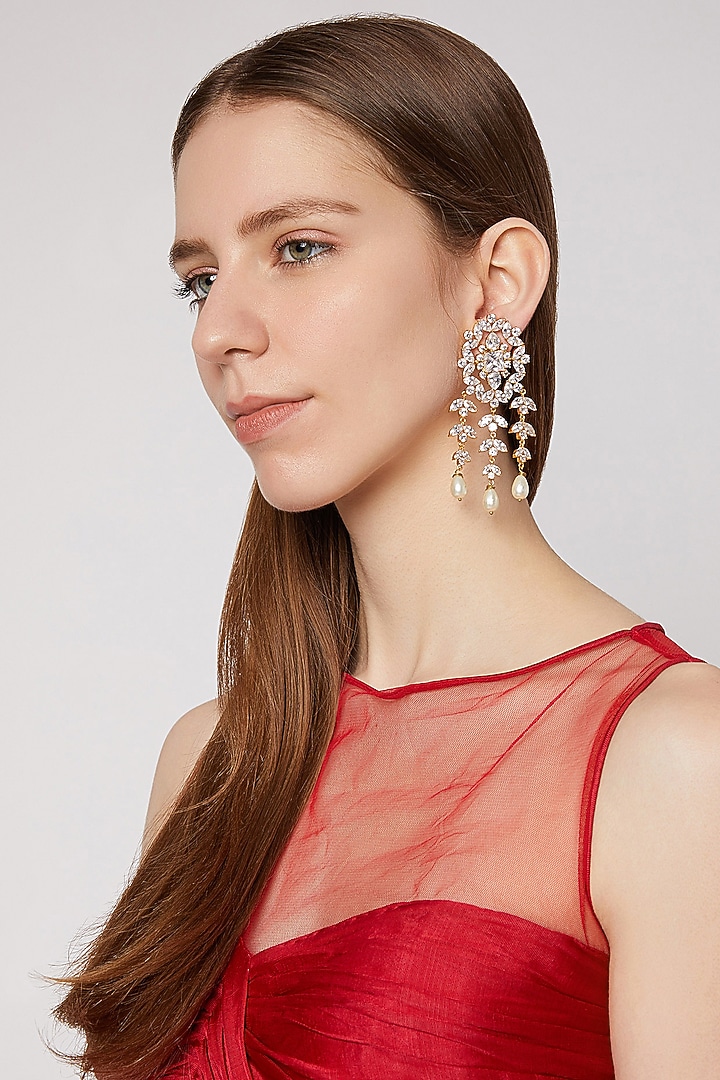 Gold Finish Pearl Drop Earrings by AETEE at Pernia's Pop Up Shop