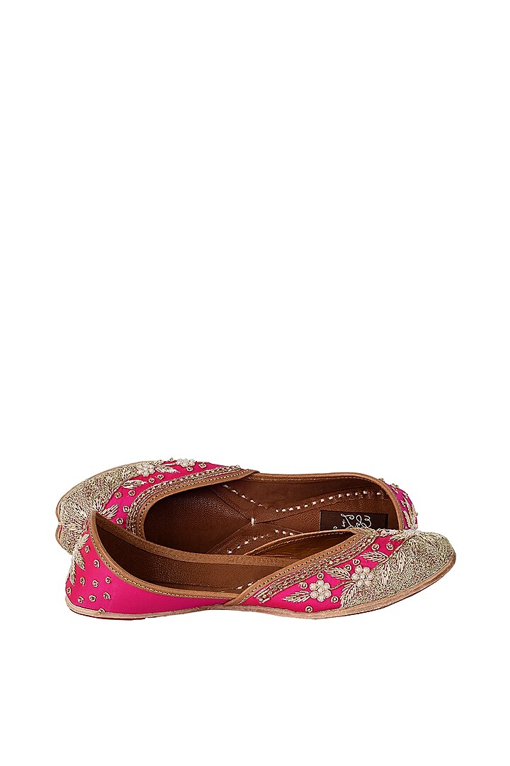 Pink Leather Embroidered Juttis by EHZI