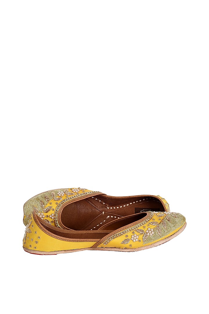 Yellow Leather Embroidered Juttis by EHZI