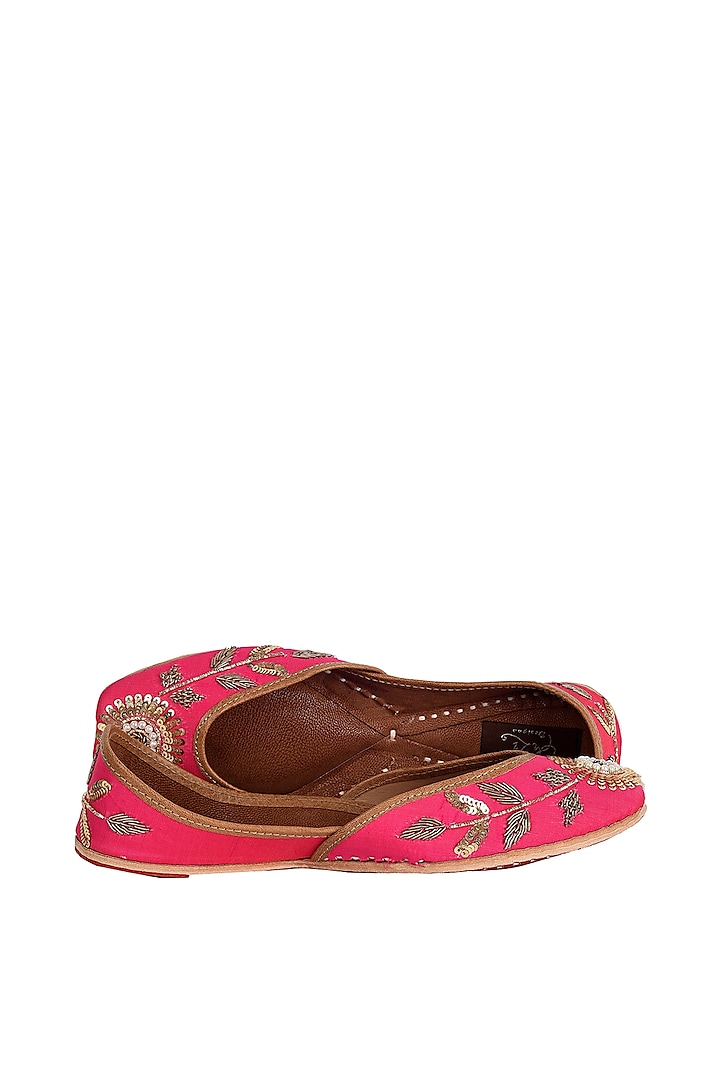 Pink Leather Embroidered Juttis by EHZI
