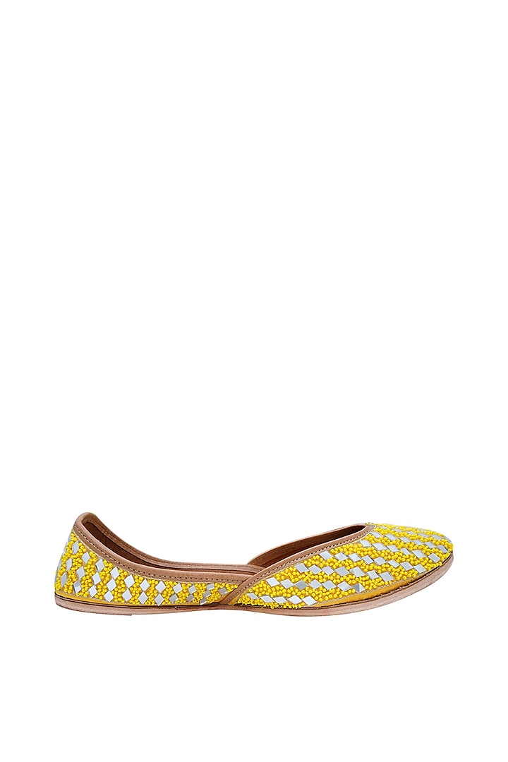 Yellow Juttis With Beads & Mirror Work by EHZI