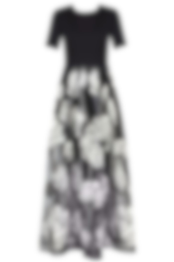 Black and White Floral Encroaching Maxi Dress With Fitted Skirt by Eshaani Jayaswal
