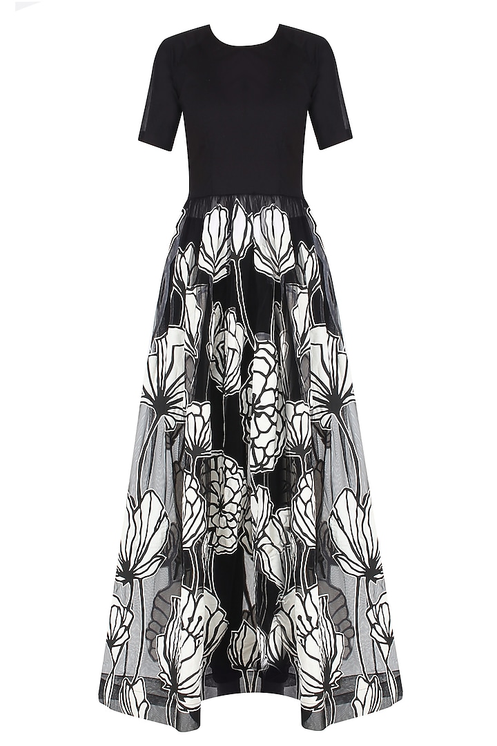 Black and White Floral Encroaching Maxi Dress With Trouser Pants by Eshaani Jayaswal