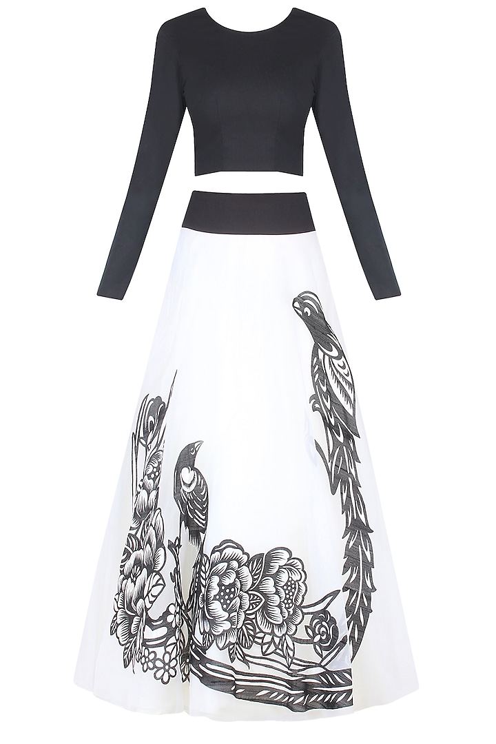 White Iron Fairies Skirt and Black Full Sleeves Crop Top Set by Eshaani Jayaswal