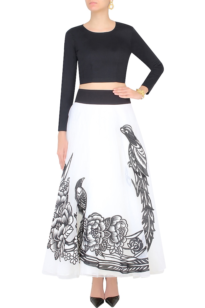 White iron fairies skirt and black full sleeves crop top set available only at Pernia's Pop Up Shop.