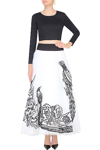 White Iron Fairies Skirt and Black Full Sleeves Crop Top Set by Eshaani Jayaswal