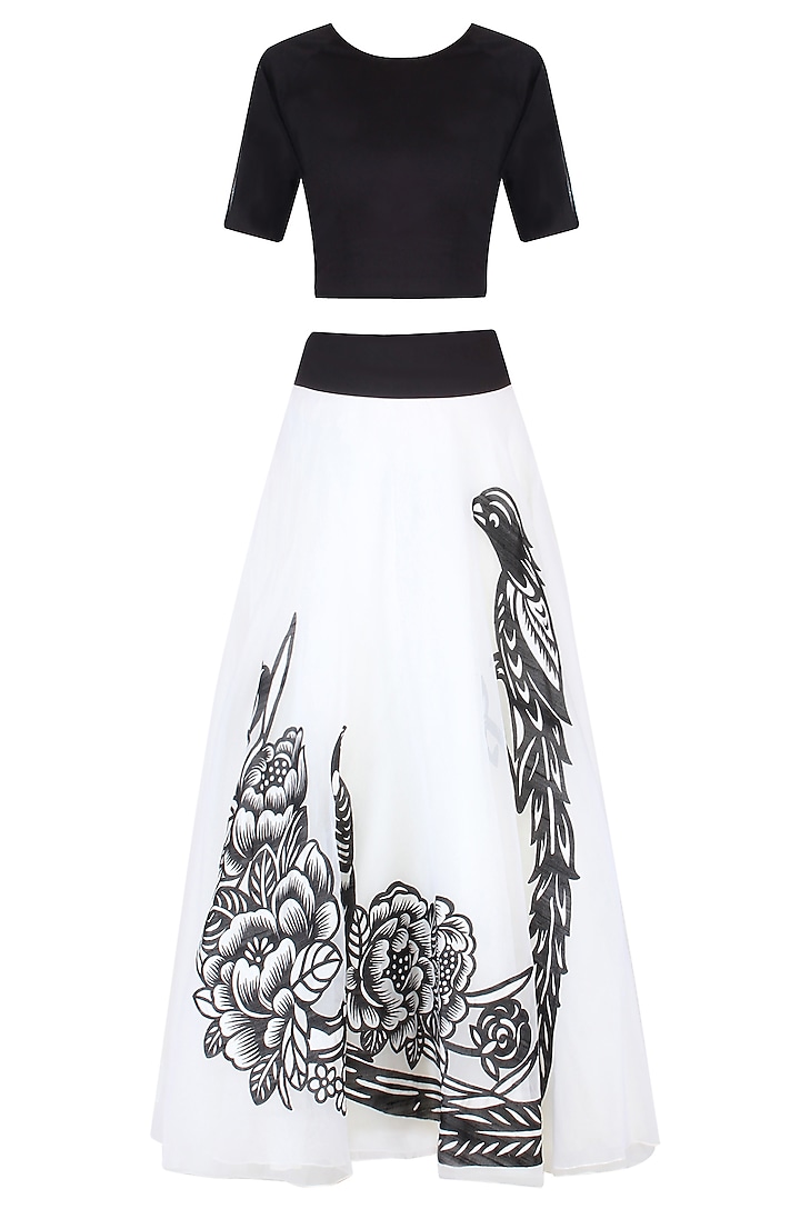 White Iron Fairies Skirt and Short Sleeves Crop Top Set by Eshaani Jayaswal