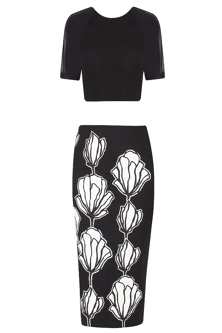 Black Floral Fitted Encroaching Skirt and Crop Top Set by Eshaani Jayaswal