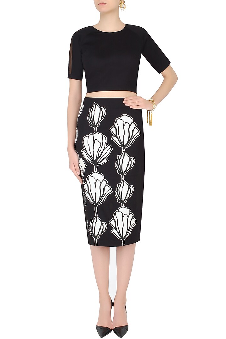 Black floral fitted encroaching skirt and crop top set available only at Pernia's Pop Up Shop.