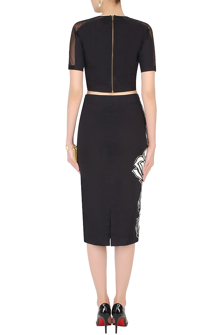 Black floral fitted encroaching skirt and crop top set available only at Pernia's Pop Up Shop.