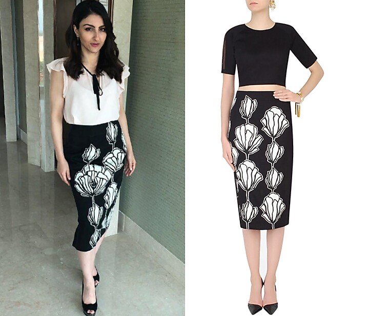 Black floral fitted encroaching skirt and crop top set available only at Pernia's Pop Up Shop.