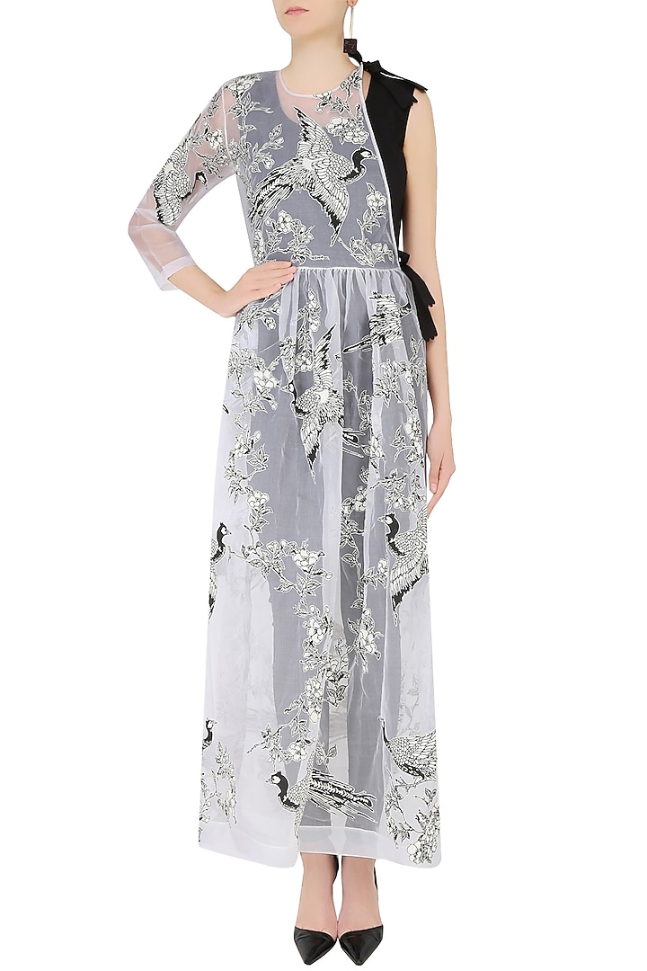 Black jumpsuit with white oriental bird print overlay dress available only at Pernia's Pop Up Shop.