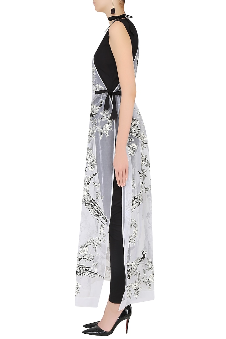 Black jumpsuit with white oriental bird print overlay dress available only at Pernia's Pop Up Shop.