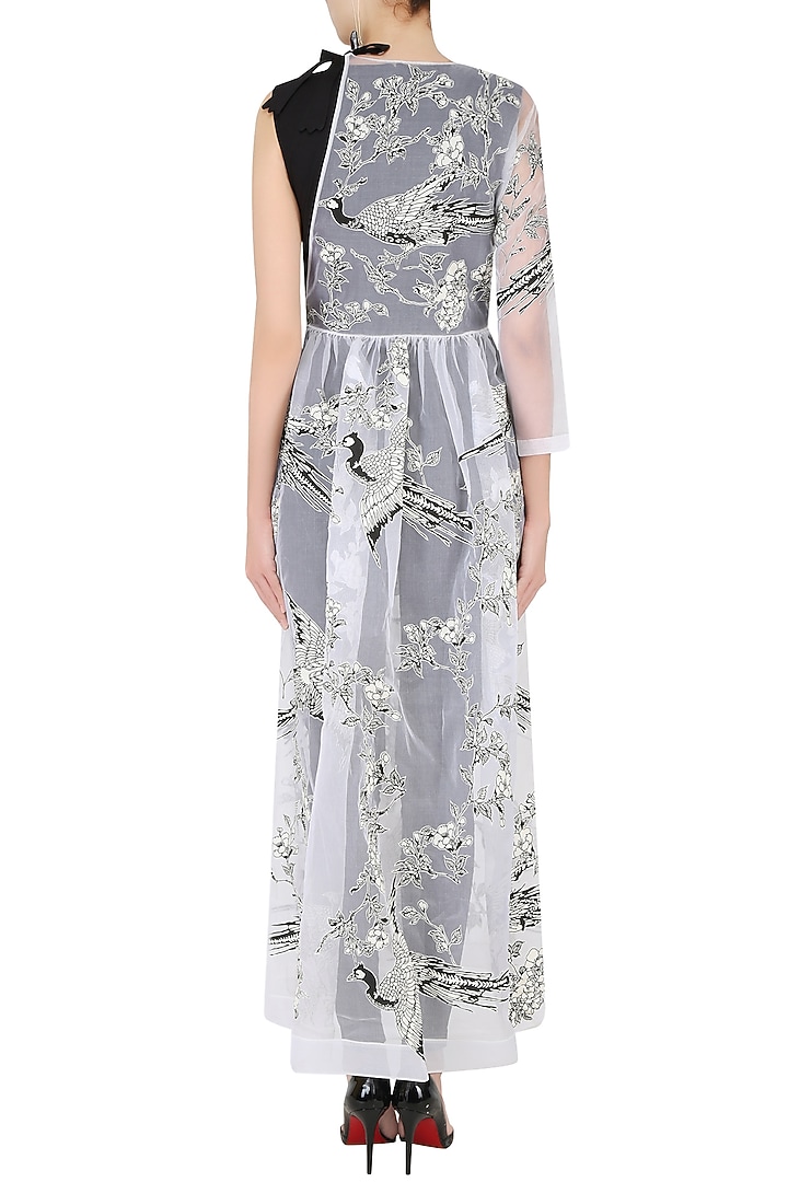 Black jumpsuit with white oriental bird print overlay dress available only at Pernia's Pop Up Shop.