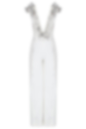 White printed ruffle jumpsuit available only at Pernia's Pop Up Shop.
